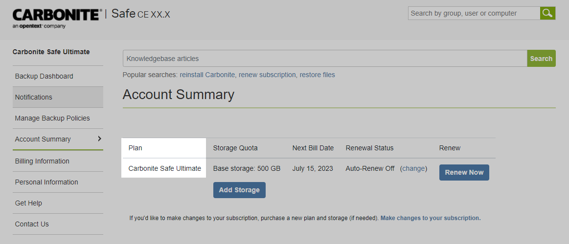 Account Summary tab shows Carbonite plan