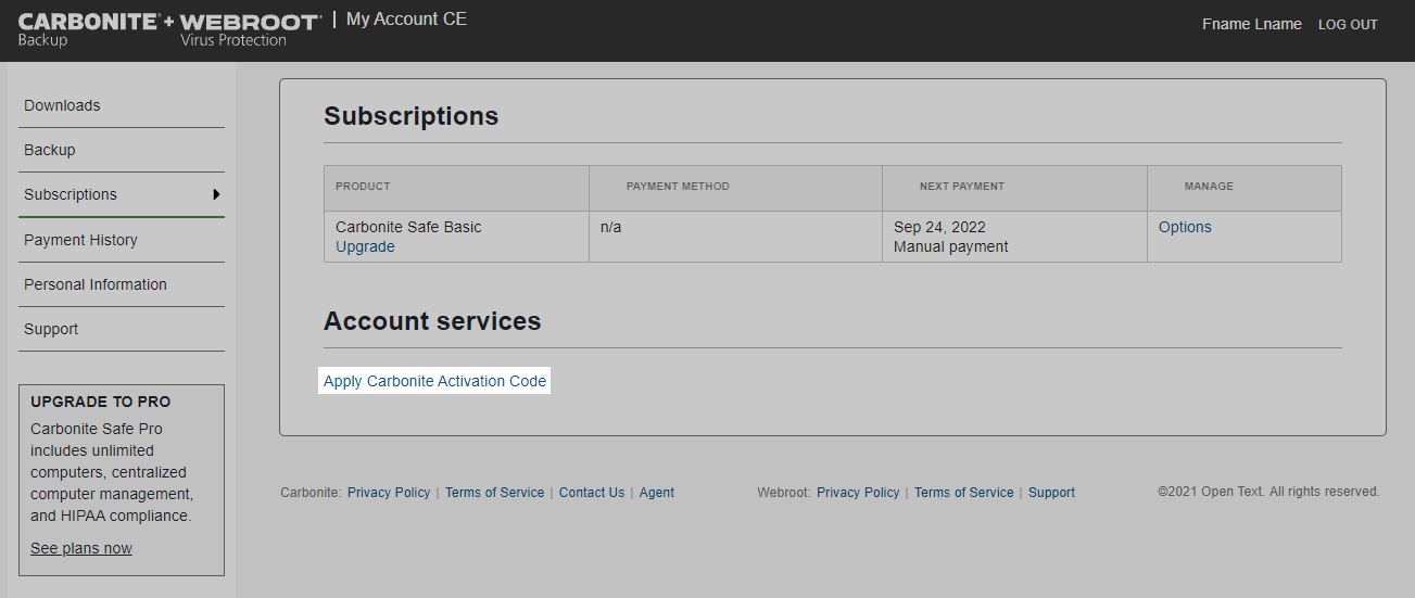 Click Apply Carbonite Activation Code