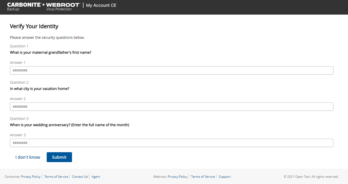 Enter answers to security questions