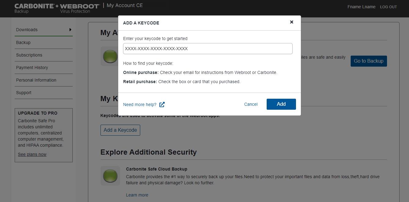 Enter your keycode and click Add