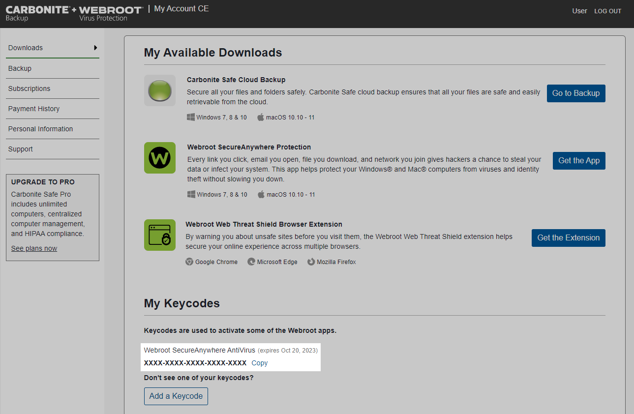 The Webroot SecureAnywhere keycode is listed under My Keycodes