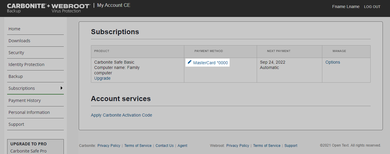 Click the existing card