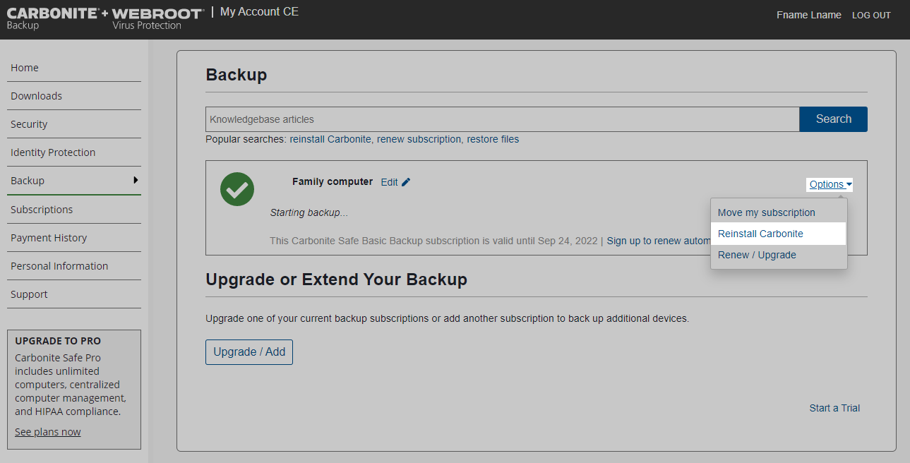 From the options dropdown, click Reinstall Carbonite