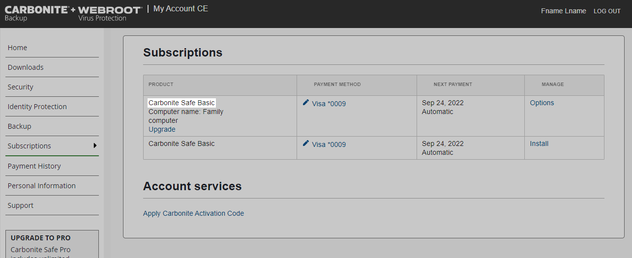 Subscription information tab shows Carbonite plan