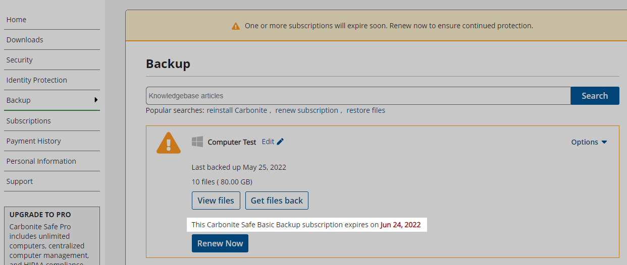 Portal: This Carbonite Safe Prime subscription is valid until Date