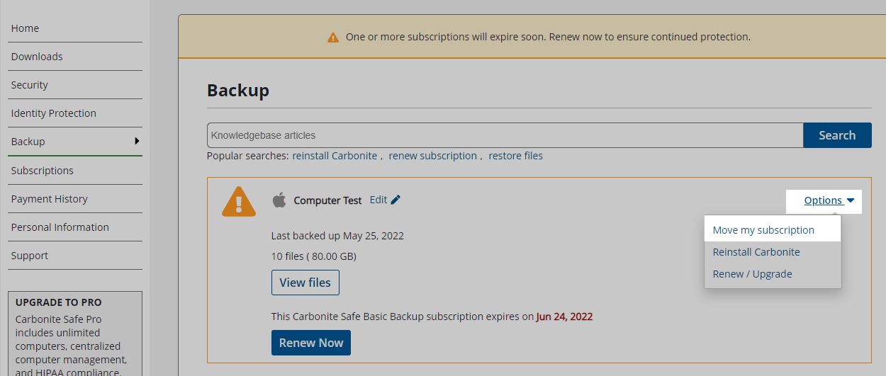 From the Options dropdown, click Move my subscription