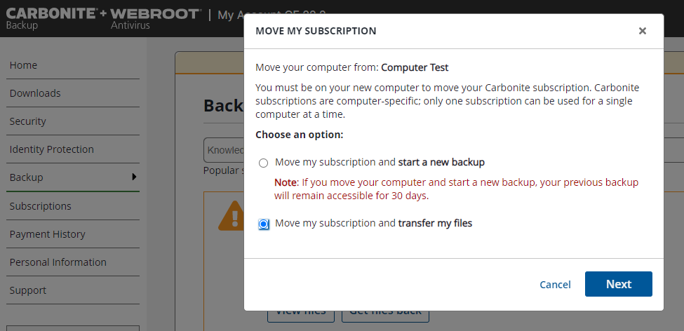 Select Move my subscription and transfer my files and click Next