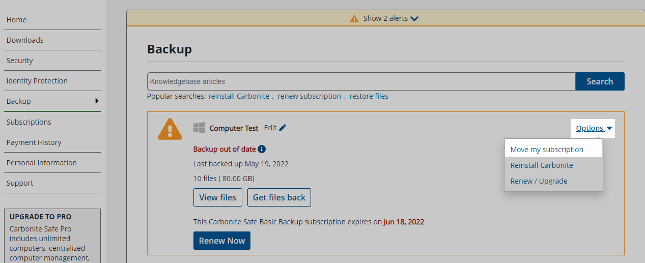 Click Options > Move my subscription