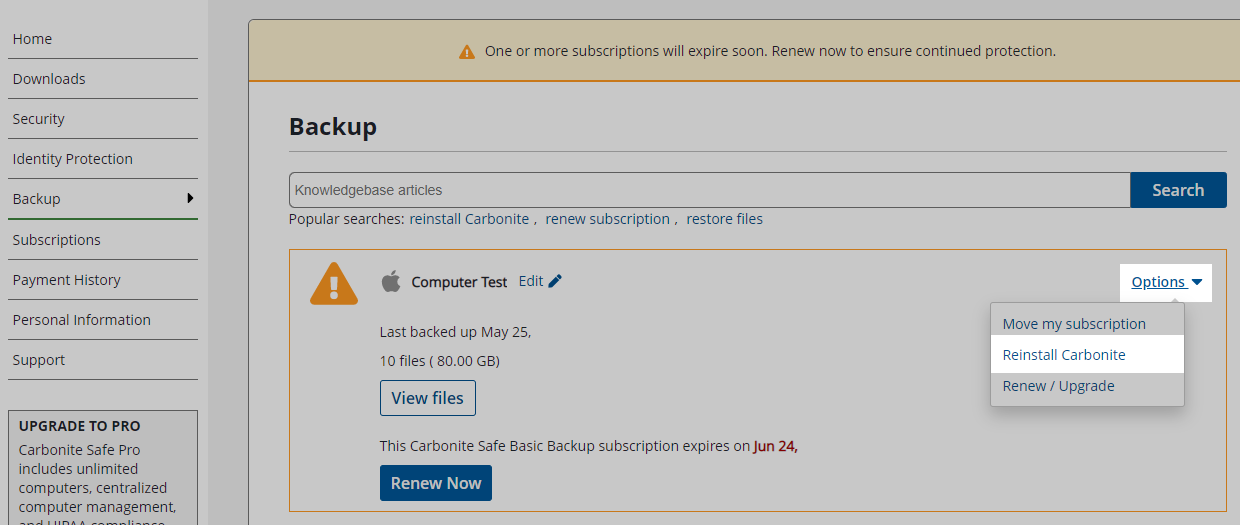 From the backup you want to reinstall, click Options > Reinstall Carbonite