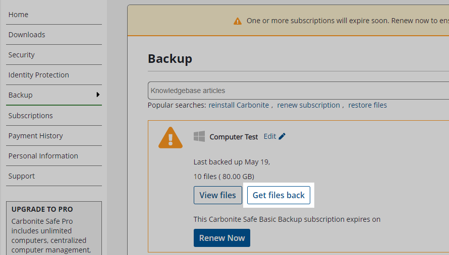 Click Get files back