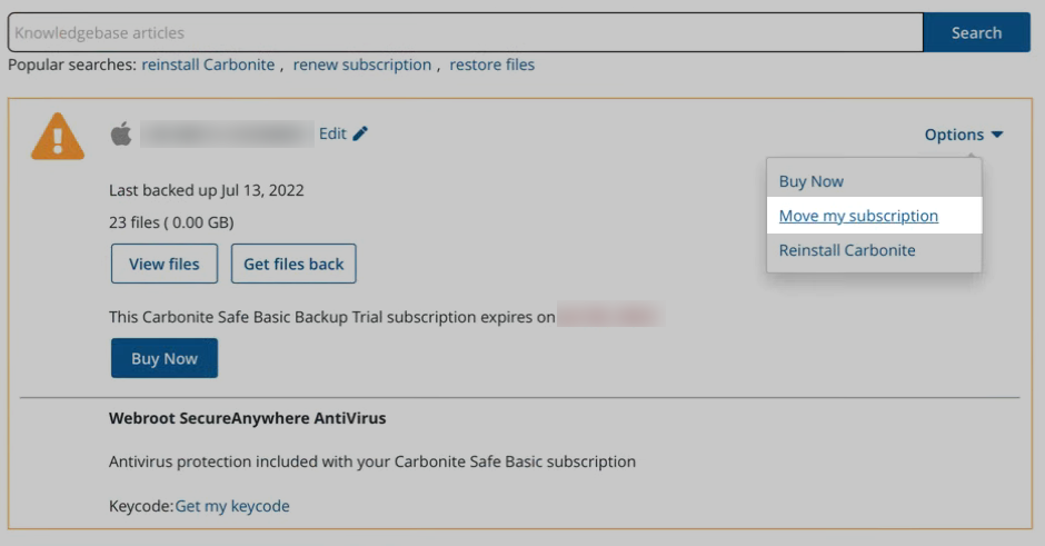 From the Options dropdown, click Move my subscription