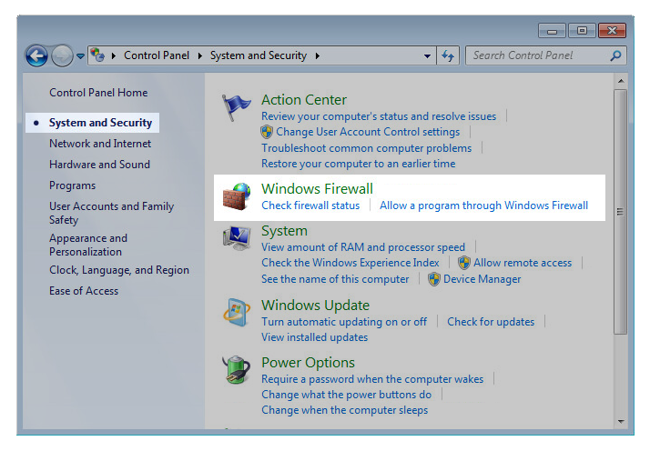 Open the Control Panel and select Windows Firewall