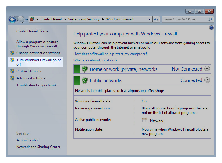 Turn off Windows Firewall