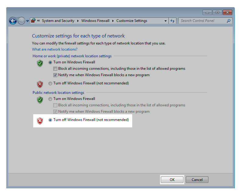 Turn off the Windows Firewall