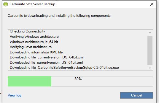 Carbonite Safe Server Backup downloading and installing components for the installation or update.