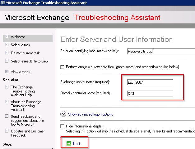 Name of Exchange Server and Domain Controller