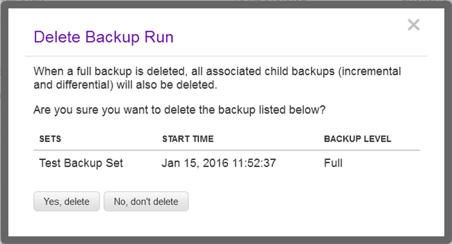 Confirm Delete Backup Runs