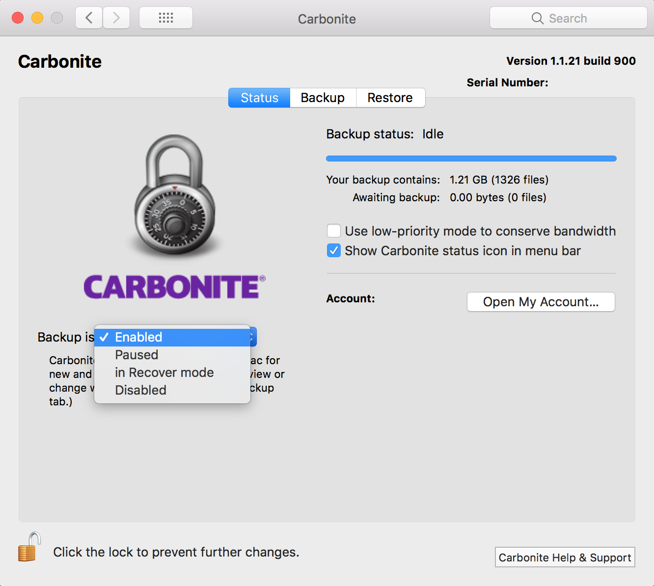 Carbonite Preference Pane: Backup Is