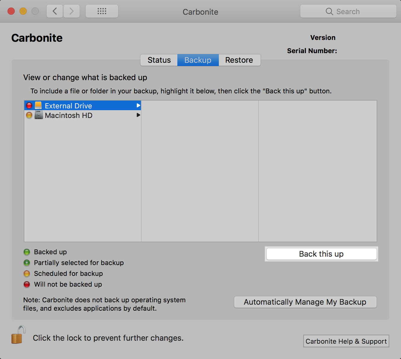 Carbonite 1.x Client for Mac: Select the external hard drive and click Back this up