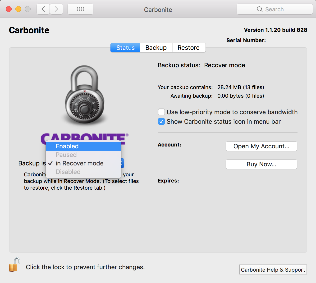 Carbonite Preference Pane: Backup Is