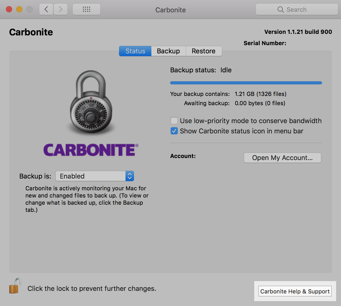 Carbonite Preference Pane: Help & Support