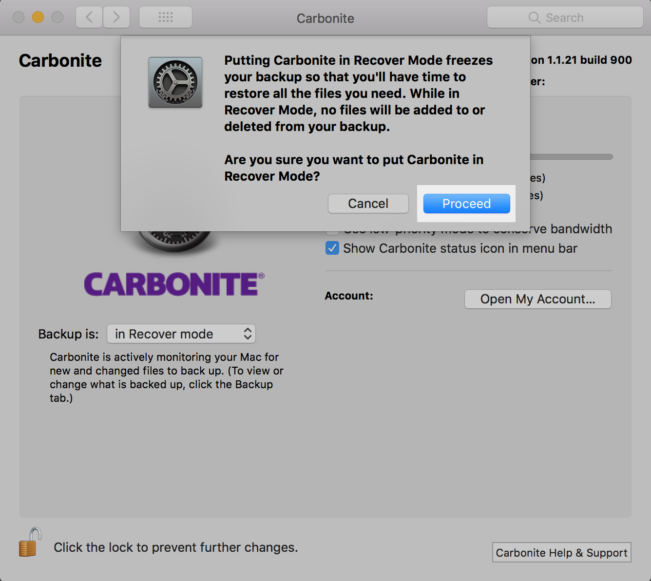 Carbonite Preference Pane: Recover Mode Pop-Up