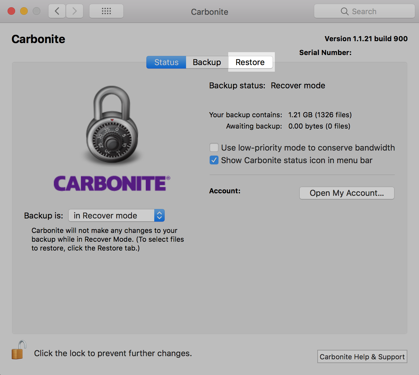 Carbonite Mac 1.x Restore Tab