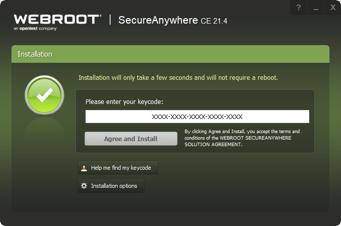 Enter your Webroot SecureAnywhere keycode from earlier and click Agree and Install