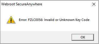 Webroot SecureAnywhere Error FZLC0056 Invalid or Unknown Key Code