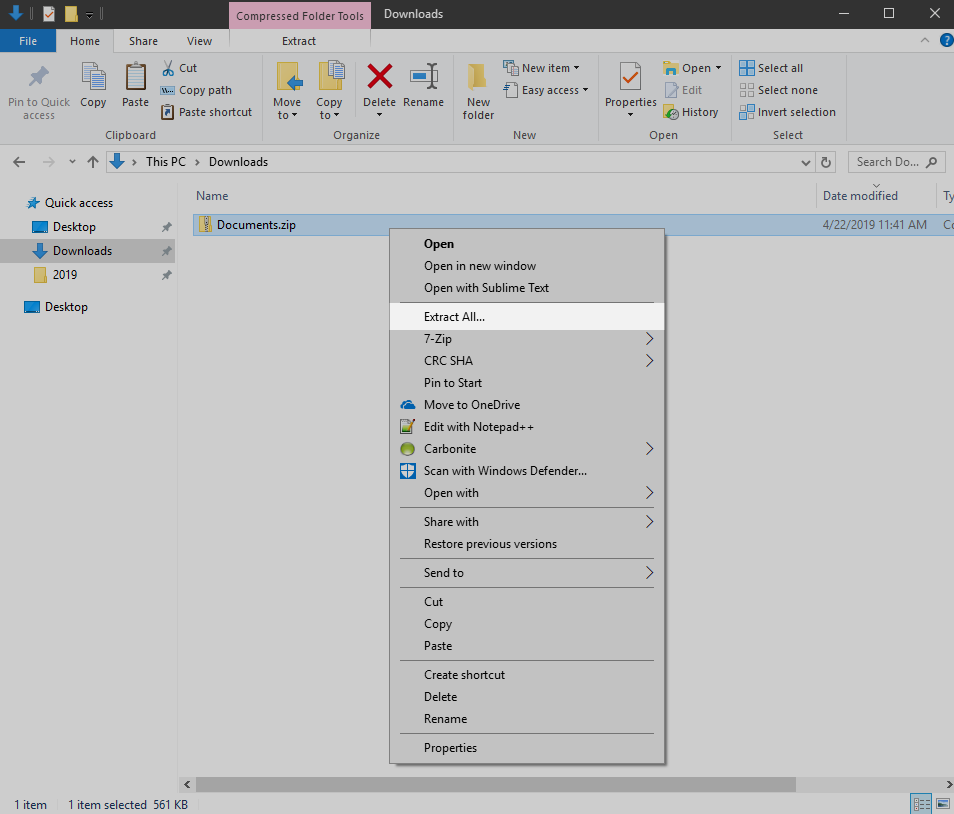 Windows File Explorer: Right-Click on the ZIP file and select Extract All