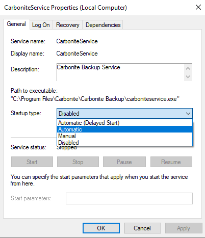 Services Properties: Select Automatic from the dropdown menu.