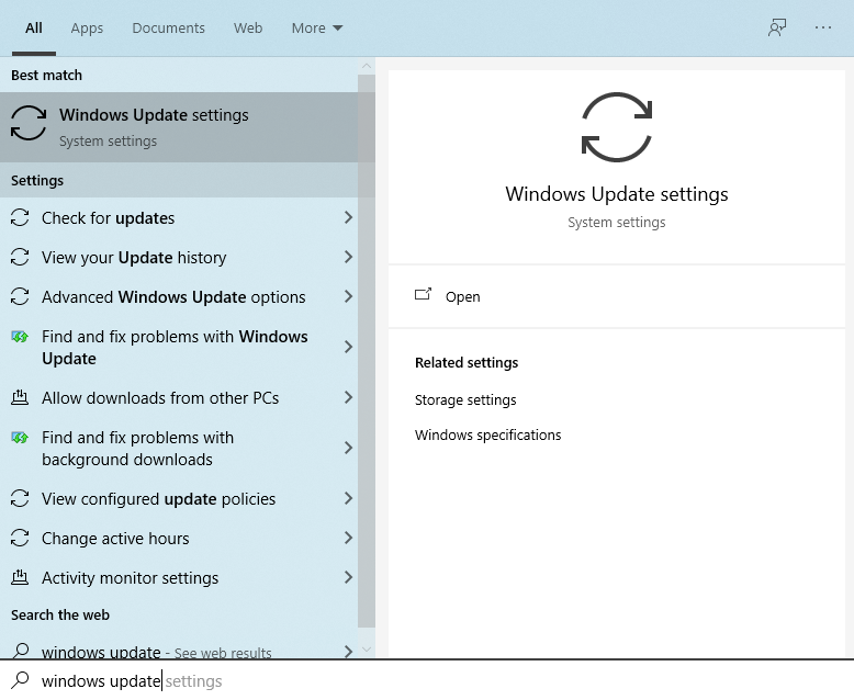 Windows 10 Start menu: Sarch and select Windows Update settings