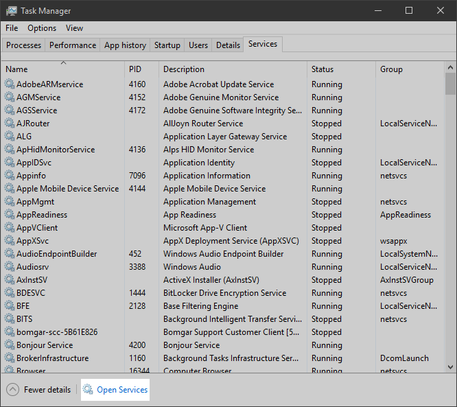 Task Manager: Click Open Services