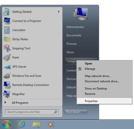 Right-click Computer and select Properties